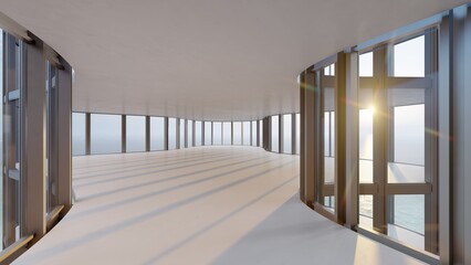 Architecture background empty interior with curved wall of panoramic windows 3d render