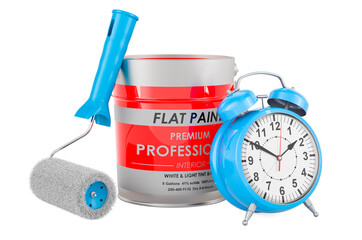 Alarm clock with paint can and roller brush, 3D rendering