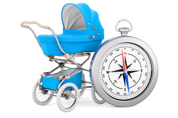 Fototapeta na wymiar Baby carriage with compass, 3D rendering