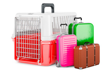 Pet travel plastic cage with suitcases. 3D rendering