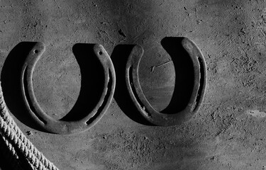 Old horseshoes for equine western industry in black and white with old texture wood background.