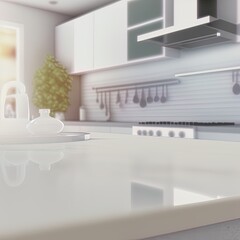 White glossy countertop and on blur kitchen room background