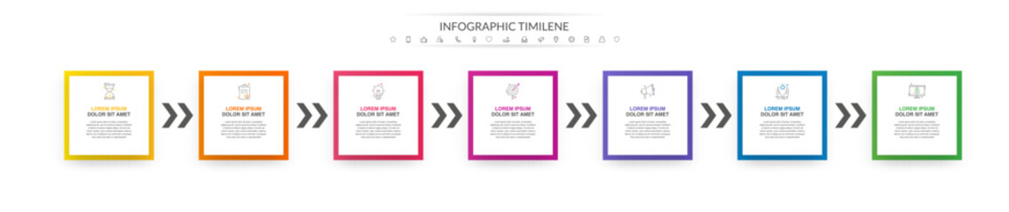 Modern simple infographic with seven rectangles. 3D concept graphic process template with 7 steps and arrows. Graphic timeline for app, website, interface, levels, diagram, banner, presentations