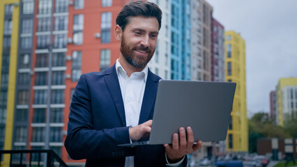 Successful caucasian man adult wealthy businessman professional entrepreneur journalist work...