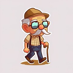 Cute grandfather walking with walker cartoon 2d illustrated icon illustration. people nature icon isolated