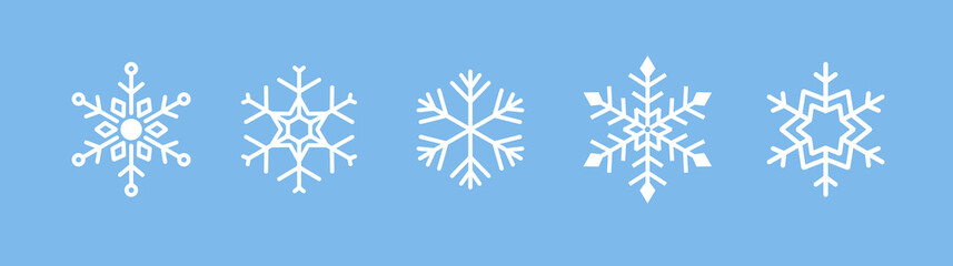 Set of flat line art white different snowflake variations icons christmas winter decoration element design