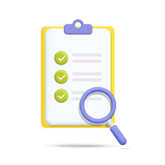 3d vector cartoon plastic render search Magnifying glass over clipboard checklist icon design illustration