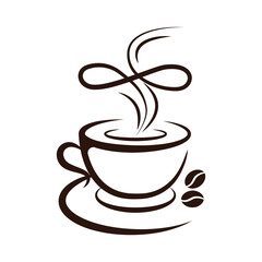 A cup of coffee on a saucer with an infinity symbol and coffee beans. Logo for a restaurant, cafe, menu. Emblem, fragrant drink icon. Coffeehouse logotype. Vector illustration.