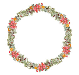 Christmas wreath with pine, poinsettia, rose hip and red berries