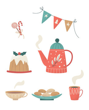 Vintage vector set with cozy teapot, mug and sweets. Tea and traditional Christmas cake, candy, cookies. Warm wishes for Xmas, New year or winter holidays