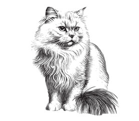 Fluffy cute cat hand drawn sketch Vector illustration