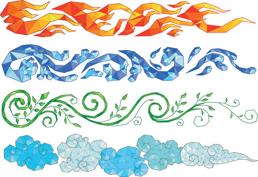 Fire, Water, Earth and Wind illustration in geometrical shapes