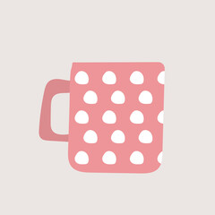 Cute cup. Pink dotted mug - modern cartoon style illustration for graphic design. Minimalist Scandinavian design icon