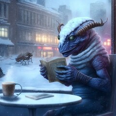 Scary horrible nightmare alien monster sitting outside in winter and reading. Street at night covered in snow, cozy time, relaxing with a book