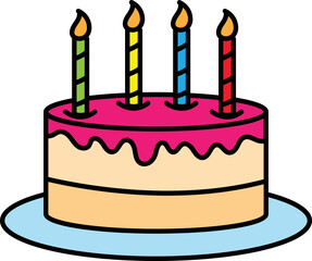 Editable vector of a birthday cake with pink creme and four candles on a white background - obrazy, fototapety, plakaty