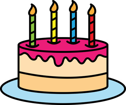 Editable vector of a birthday cake with pink creme and four candles on a white background