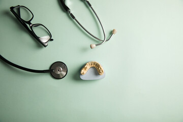 Stethoscope, teeth mockup and glasses on the table