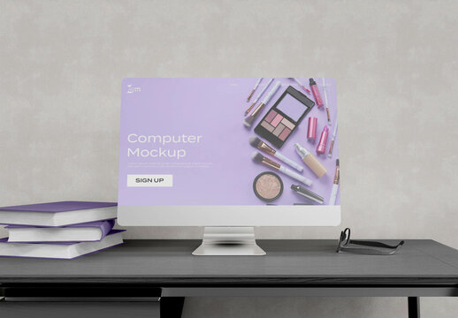 Desk Computer with Screens Mockup        
