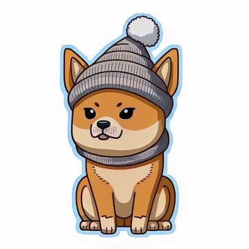 Cute sitting shiba inu dog winter with beanie hat cartoon 2d illustrated icon illustration animal nature