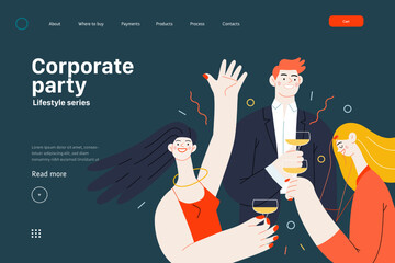 Lifestyle website template - Corporate party - modern flat vector illustration of business people entertaining in the office at corporate, drinking champagne. People activities concept