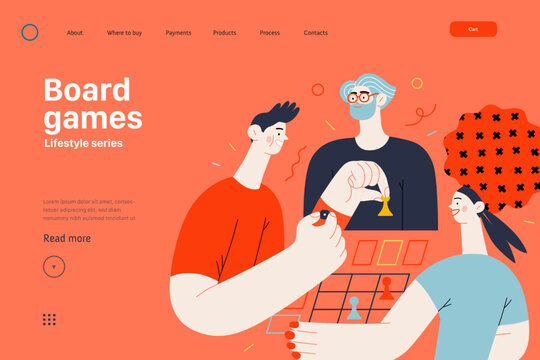 Lifestyle website template - Board games - modern flat vector illustration of people playing a board card game with a dice. People activities concept