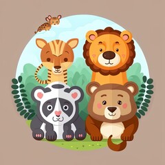 illustration of four cute animal in circle shape with sticker or bannerstyle brown bear tiger elephant and lion in forest with cartoon charactor flat design 2d illustrated illustration