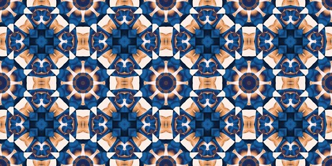  Blue white watercolor azulejo tile border background. Seamless coastal blur bleed geometrical floral mosaic effect banner. Ornamental arabesque summer fashion repeat edge trim.