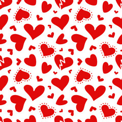 Seamless pattern of red hearts on a white background. Vector illustration