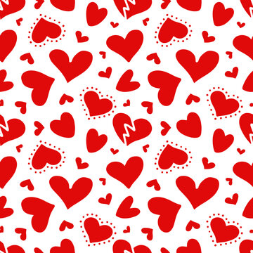Seamless pattern of red hearts on a white background. Vector illustration