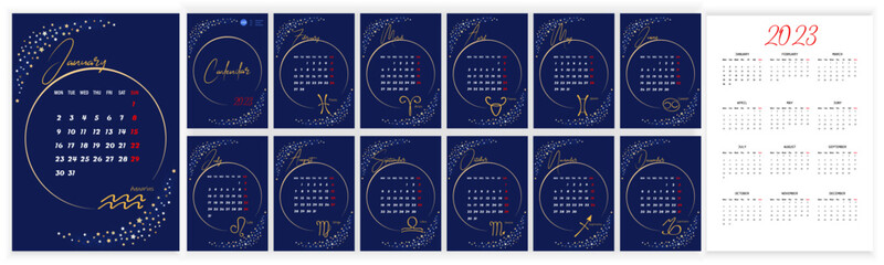 Astrology Wall Monthly Calendar 2023. Vertical photo calendar Layout for 2023 year in English with zodiac signs, star, moon on blue sky. Cover Calendar, 12 months templates. Vector illustration