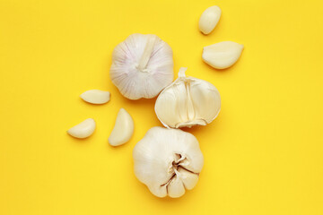 Fresh white unpeeled head bulb of garlic and garlic cloves on yellow color background. Vegan, organic, vitamins. Natural antibiotic, antioxidant, Allicin. Top view. Flat lay