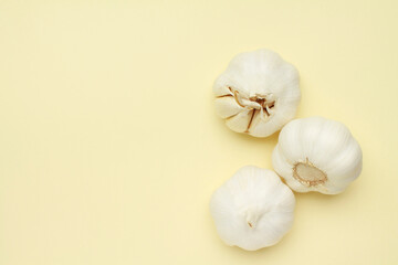 Fresh white unpeeled head bulb of garlic on yellow color background. Vegan, organic, vitamins. Natural antibiotic, antioxidant, Allicin. Top view. Flat lay. Copy space for text