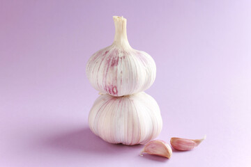 Fresh white unpeeled head bulb of garlic and garlic cloves on lilac, violet, purple color background. Vegan, organic, vitamins. Natural antibiotic, antioxidant, Allicin. Copy space for text