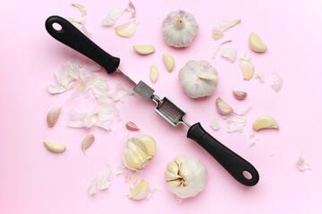 Fresh white unpeeled head bulb of garlic and garlic cloves peel on pink color background with garlic press. Vegan, organic, vitamins. Natural antibiotic, antioxidant, Allicin. Top view. Flat lay