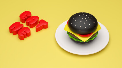 Burger on yellow background 3d rendering