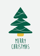 Christmas tree. Card design with a hand drawn green Christmas tree and Merry Christmas text. Minimalist Scandinavian design