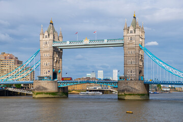 Tower Bridge across River Thames near Tower of London in city of London, England, UK. This bridge...