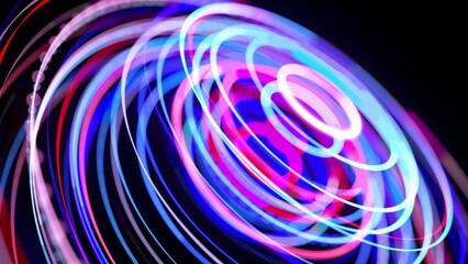 Light flow in ring structure, bg. 3d render. Abstract background with light trails, stream of red blue neon lines in space form rings. Modern trendy motion design background. Light effect