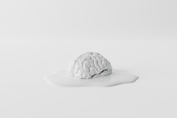 Dissolving white brain on white. Biological and medical concept. 3d rendering, 3d illustration.