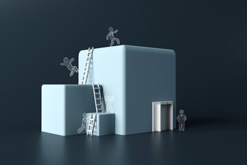 Stairs in the form of large blocks where people climb. Promotion concept, striving to achieve the goal, business concept. 3d render.