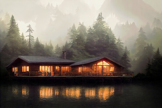 Solitary house floating on the lake surrounded by lush forest in autumn