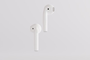 Wireless earbuds, earphones on a light background. Concept of listening to music, using wireless headphones. Modern headphones. 3D render, 3D illustration.