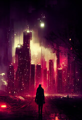 Futuristic cyberpunk city. Skyscrapers view, at night on a rainy day. Big, tall buildings. Dark technology, urban town architecture. Concept skyline