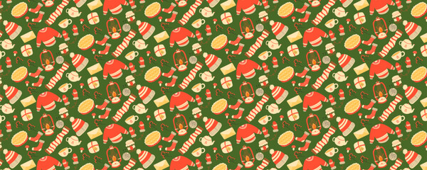 New Year's panoramic pattern of clothes and winter items. Can be used as a background.