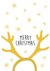 Merry Christmas greeting card design. Reindeer antlers horns. Cartoon illustration. Minimalist Scandinavian design on white