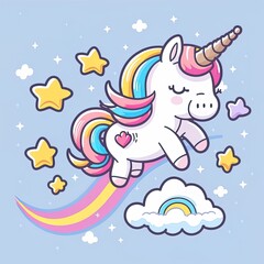 Cute unicorn flying with star and rainbow cloud cartoon 2d illustrated icon illustration animal nature icon