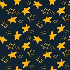 New Year. Seamless pattern with Christmas tree, gifts, garlands, snowflakes, jingle bells, Christmas branches, house, stars. Creative for fabric, packaging, textile, wallpaper, paper or background