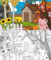 cartoon farm ranch animals pumpkins with sketch