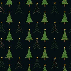 New Year. Seamless pattern with Christmas tree, gifts, garlands, snowflakes, jingle bells, Christmas branches, house, stars. Creative for fabric, packaging, textile, wallpaper, paper or background