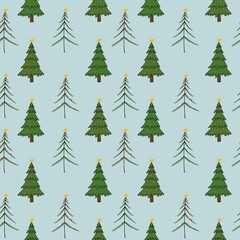 New Year. Seamless pattern with Christmas tree, gifts, garlands, snowflakes, jingle bells, Christmas branches, house, stars. Creative for fabric, packaging, textile, wallpaper, paper or background